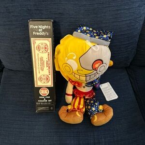 Five Nights at Freddy's Plush Toy and Desk Pad and Coaster. Never been used.